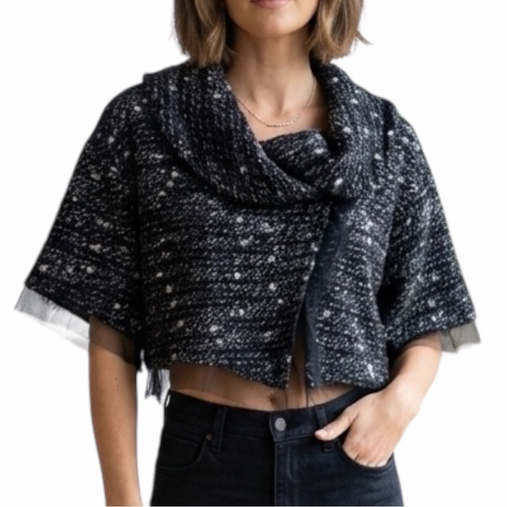 Tarnish Italy Bouclé Knit Cropped Jacket with Tulle Trim - Black/White Size: S/M